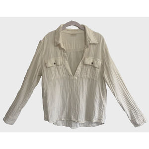 MOTHER Womens Large Blouse Top Cotton Semi-Sheer Pullover Ivory Pockets